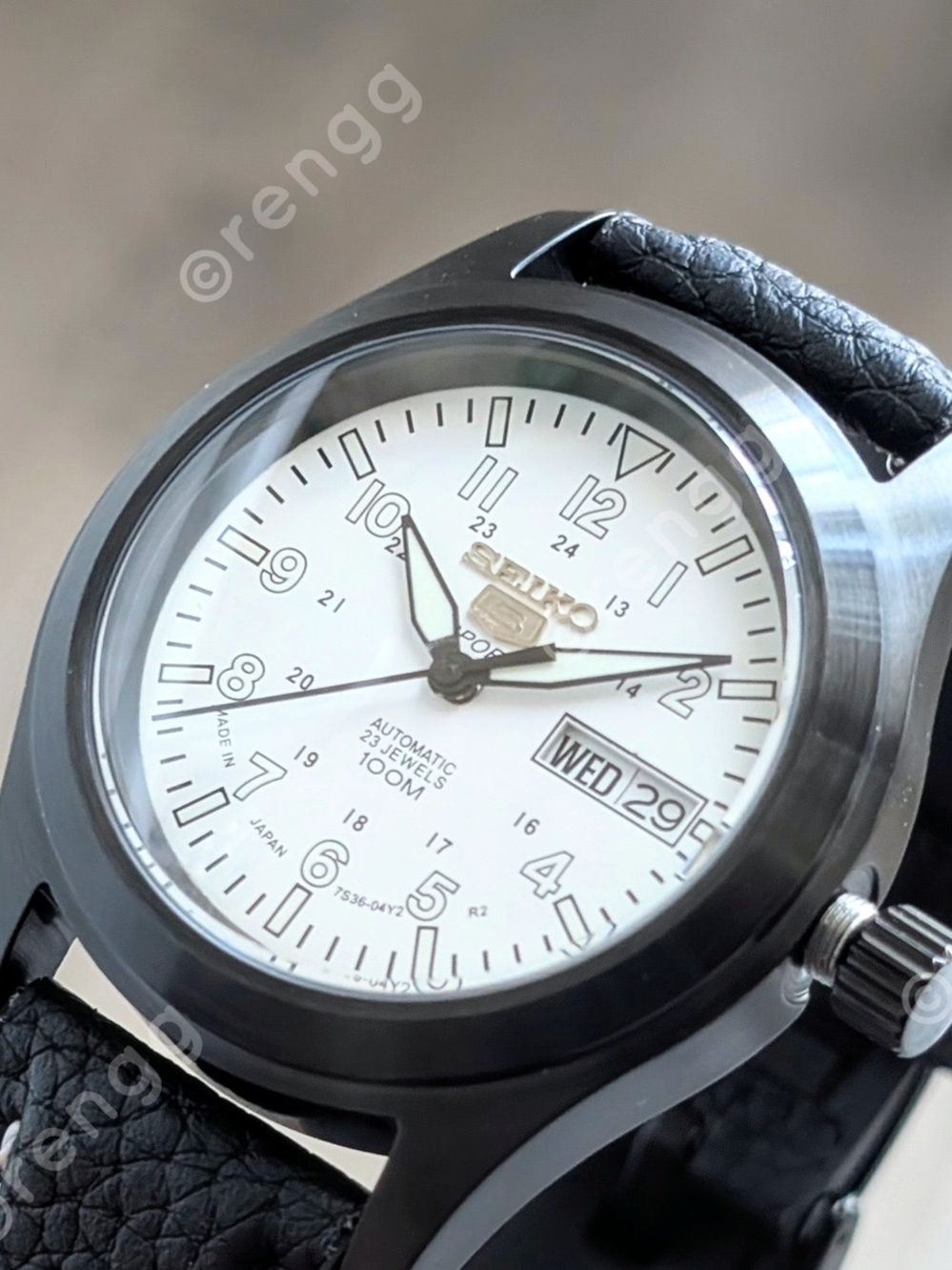 Seiko Automatic White Dial Mod Watch Day/Date Black Case and Strap Sapphire 40mm